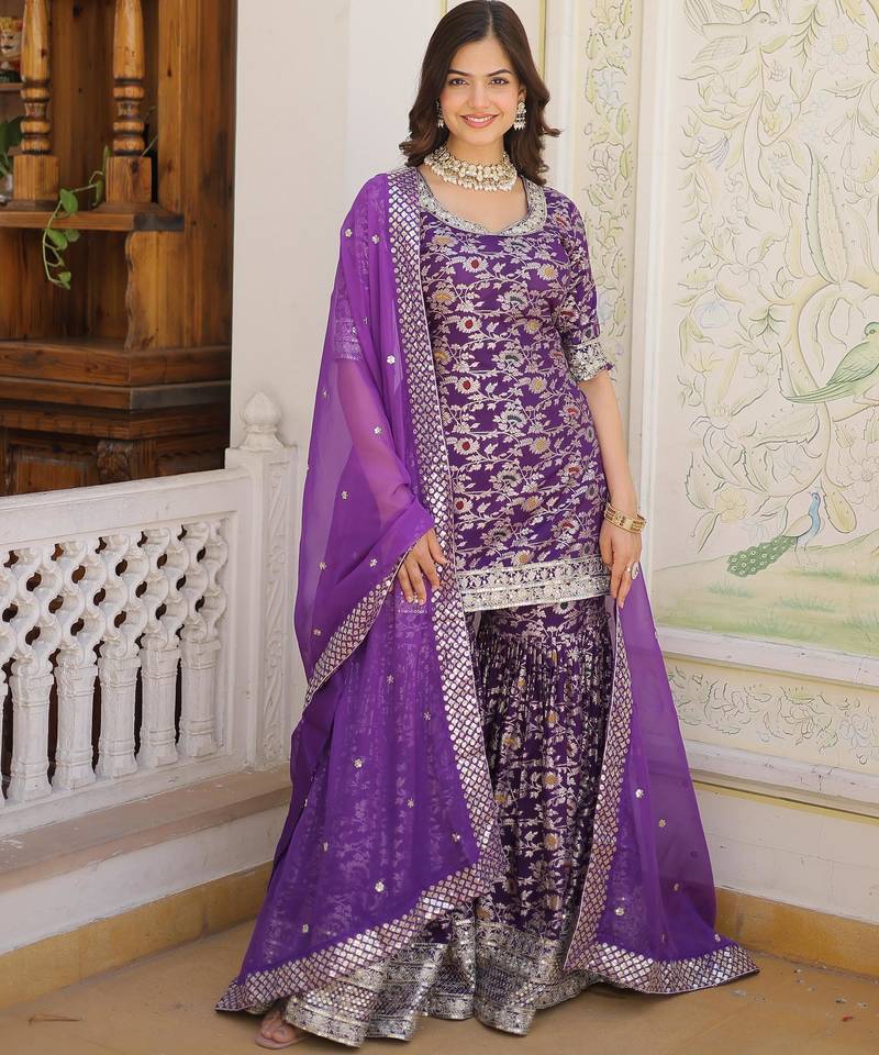 Purple viscose readymade suit with embroidery & zari sequin  work