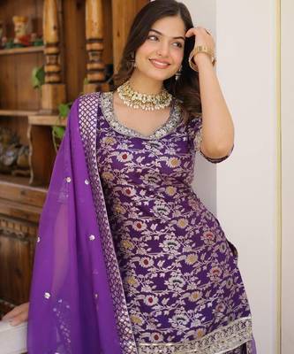 Purple viscose readymade suit with embroidery & zari sequin  work 2