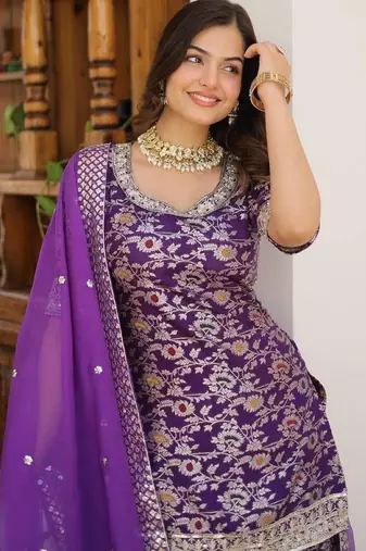 Purple viscose readymade suit with embroidery & zari sequin  work