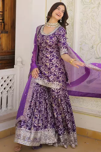 Purple viscose readymade suit with embroidery & zari sequin  work