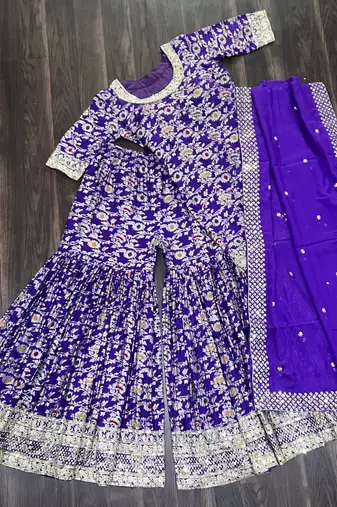 Purple viscose readymade suit with embroidery & zari sequin  work