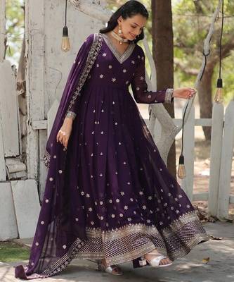 Purple faux georgette readymade anarkali suit with embroidery & sequin  work 1