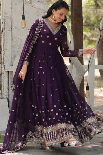 Purple faux georgette readymade anarkali suit with embroidery & sequin  work