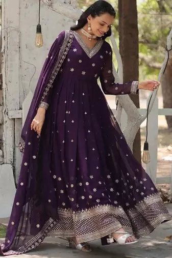Purple faux georgette readymade anarkali suit with embroidery & sequin  work