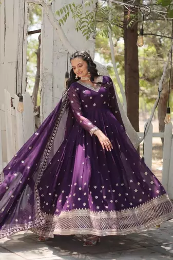 Purple faux georgette readymade anarkali suit with embroidery & sequin  work
