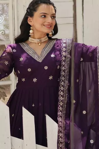 Purple faux georgette readymade anarkali suit with embroidery & sequin  work
