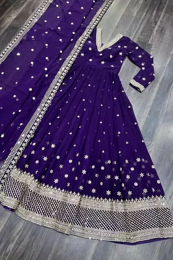 Purple faux georgette readymade anarkali suit with embroidery & sequin  work