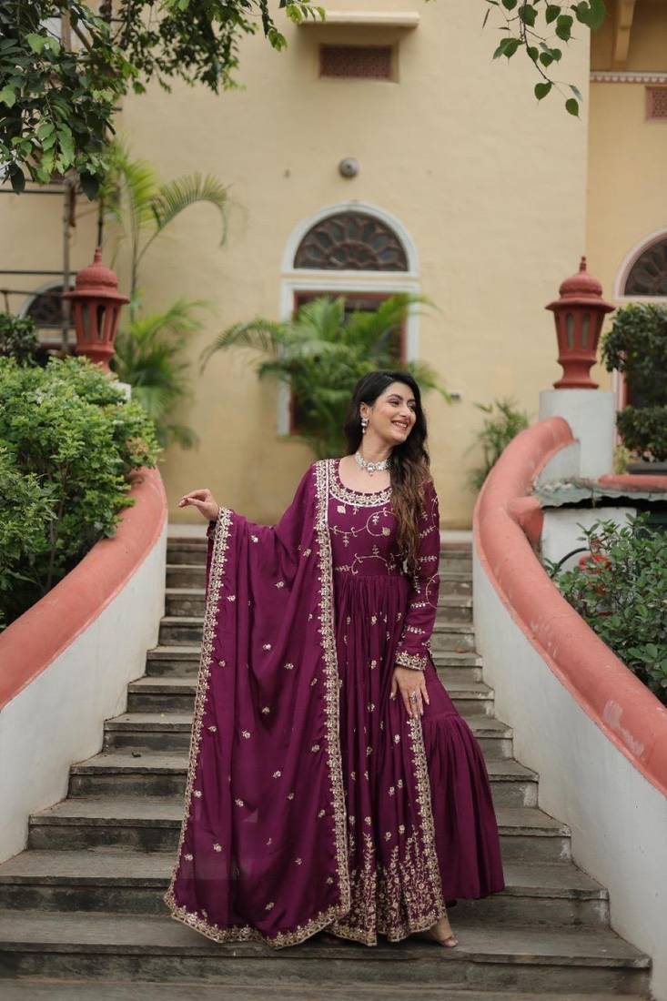 Maroon chinon readymade suit with embroidery & sequin  work