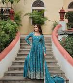 Blue chinon readymade suit with embroidery & sequin  work