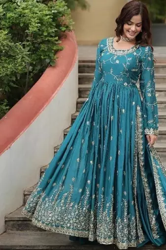 Blue chinon readymade suit with embroidery & sequin  work