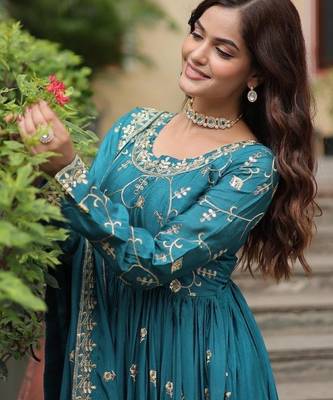 Blue chinon readymade suit with embroidery & sequin  work 3