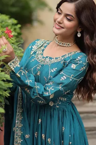 Blue chinon readymade suit with embroidery & sequin  work