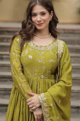 Mustard chinon readymade suit with embroidery & sequin  work