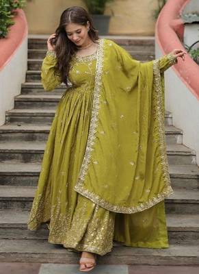 Mustard chinon readymade suit with embroidery & sequin  work 3
