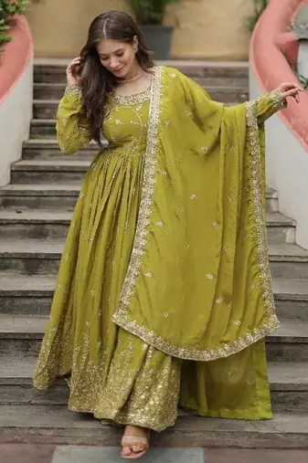 Mustard chinon readymade suit with embroidery & sequin  work