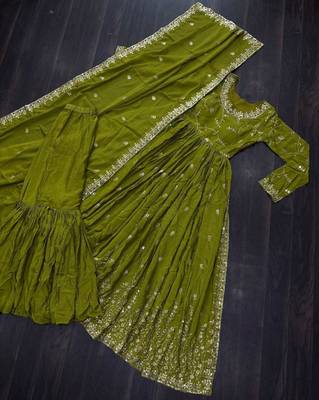 Mustard chinon readymade suit with embroidery & sequin  work 4