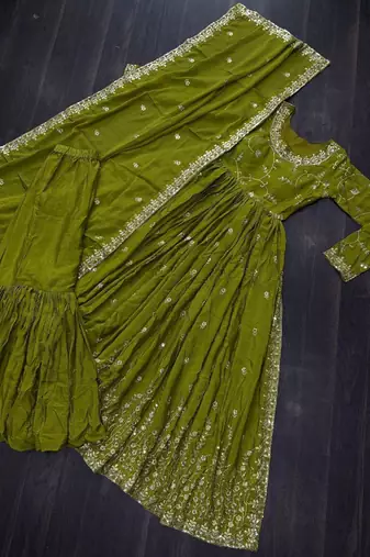 Mustard chinon readymade suit with embroidery & sequin  work