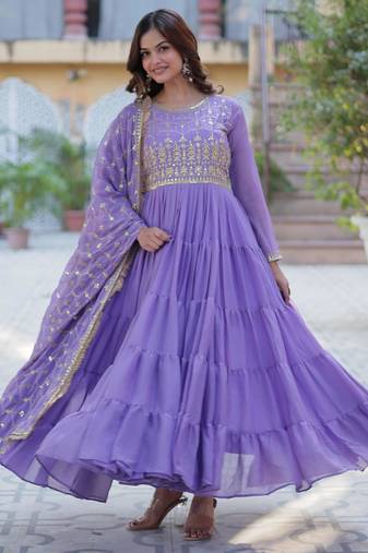 Lavender georgette readymade anarkali suit with embroidery & sequin  work