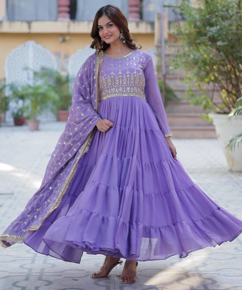 Lavender georgette readymade anarkali suit with embroidery & sequin  work