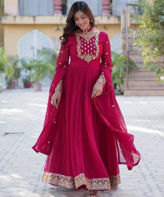 Red faux georgette readymade anarkali suit with embroidery & sequin  work 1