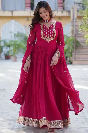 Red faux georgette readymade anarkali suit with embroidery & sequin  work