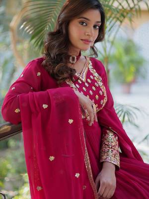 Red faux georgette readymade anarkali suit with embroidery & sequin  work 2
