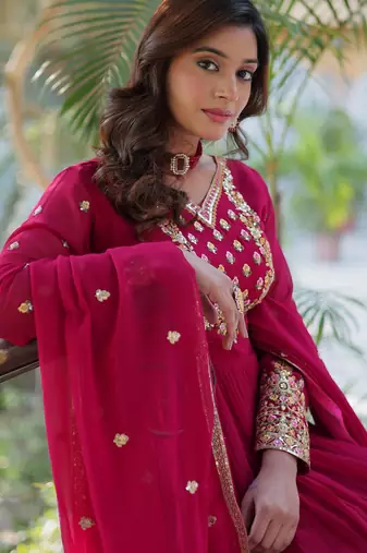 Red faux georgette readymade anarkali suit with embroidery & sequin  work