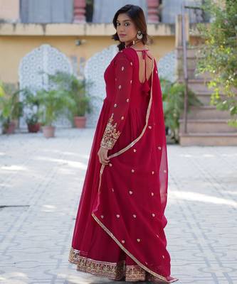 Red faux georgette readymade anarkali suit with embroidery & sequin  work 4