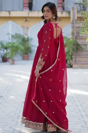 Red faux georgette readymade anarkali suit with embroidery & sequin  work