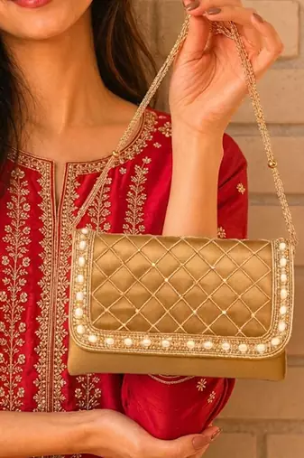pearl embellished clutch bag for women gold beaded strap wedding festive evening purse