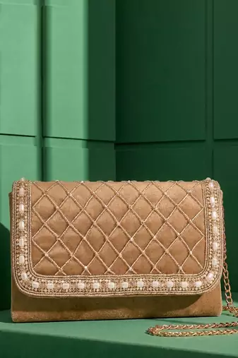 pearl embellished clutch bag for women gold beaded strap wedding festive evening purse