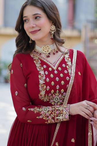 Maroon faux georgette readymade anarkali suit with embroidery & sequin  work