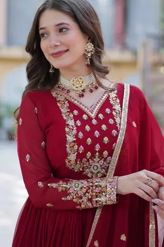 Maroon faux georgette readymade anarkali suit with embroidery & sequin  work