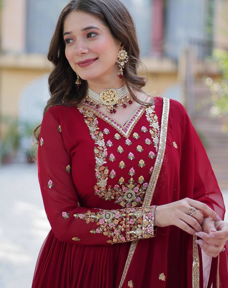 Maroon faux georgette readymade anarkali suit with embroidery & sequin  work