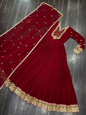 Maroon faux georgette readymade anarkali suit with embroidery & sequin  work 3