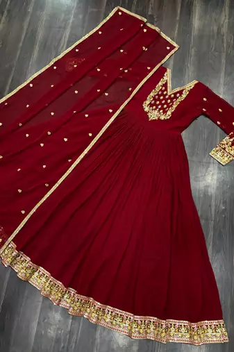 Maroon faux georgette readymade anarkali suit with embroidery & sequin  work