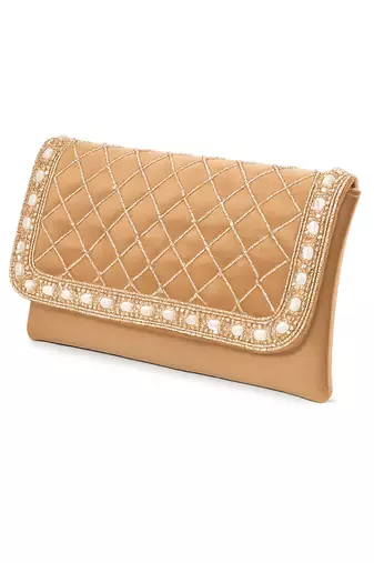 pearl embellished clutch bag for women gold beaded strap wedding festive evening purse