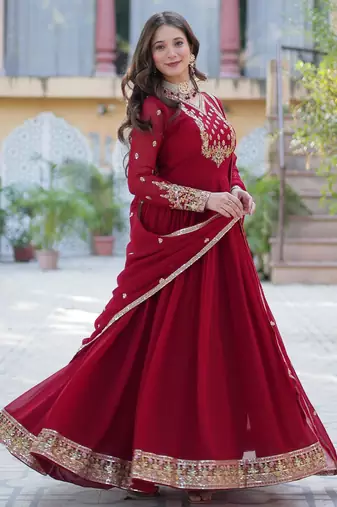 Maroon faux georgette readymade anarkali suit with embroidery & sequin  work