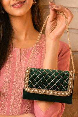 green quilted pearl embellished clutch bag for women wedding festive evening purse 1