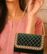 green quilted pearl embellished clutch bag for women wedding festive evening purse