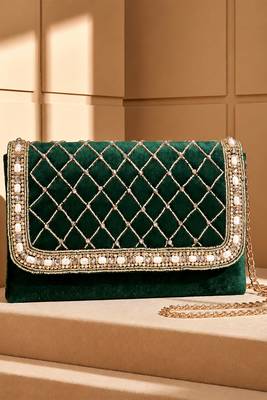 green quilted pearl embellished clutch bag for women wedding festive evening purse 2