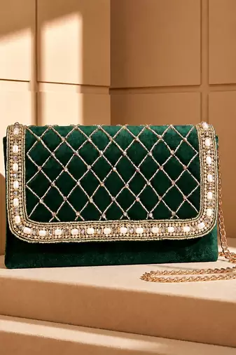 green quilted pearl embellished clutch bag for women wedding festive evening purse