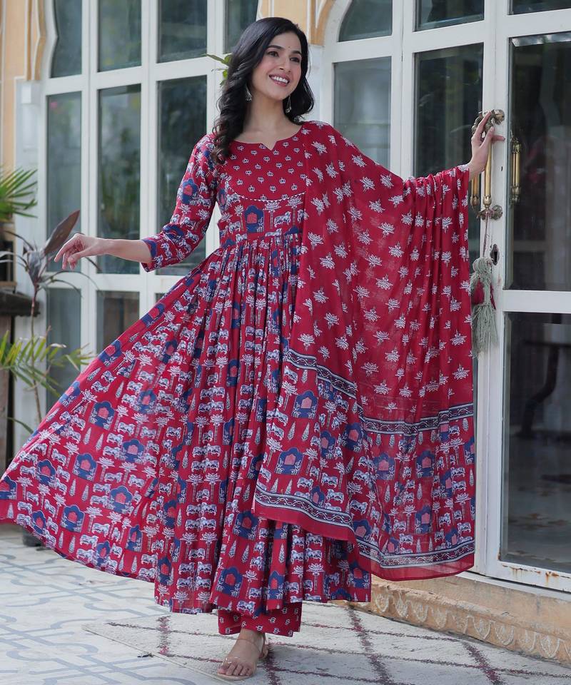 Red cotton readymade anarkali suit with floral printed work