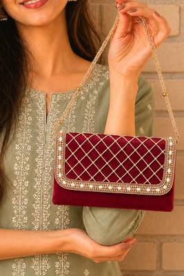 maroon quilted pearl embellished clutch bag for women wedding festive evening purse 1