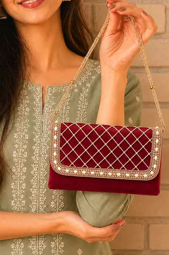 maroon quilted pearl embellished clutch bag for women wedding festive evening purse