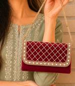 maroon quilted pearl embellished clutch bag for women wedding festive evening purse