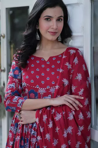 Red cotton readymade anarkali suit with floral printed work