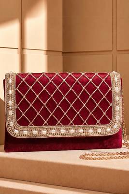 maroon quilted pearl embellished clutch bag for women wedding festive evening purse 2