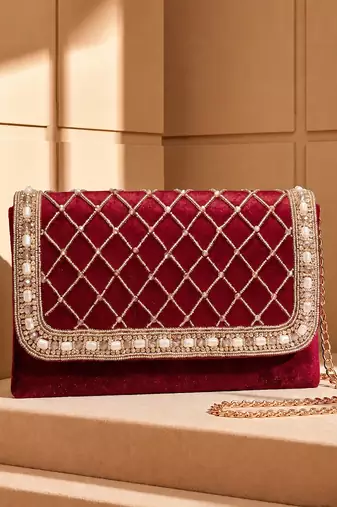 maroon quilted pearl embellished clutch bag for women wedding festive evening purse