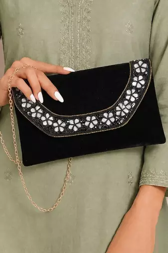 black velvet sequin beaded clutch bag for women embellished wedding festive evening purse